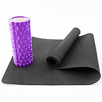 Набір для йоги 2в1 килимок для йоги + масажний ролик, валик для масажу спини мфр рол OSPORT Set 27 (n-0058) Чорно-фіолетовий