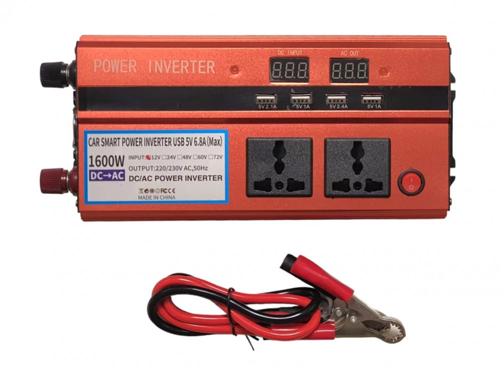 Інвертор перетворювач напруги Power Inverter 1600W 12-220V, 4 USB порти, 3 розетки 220V