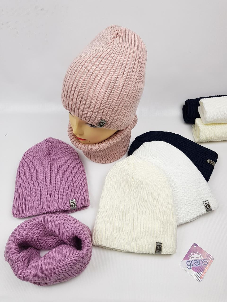 Підліткові в'язані шапки оптом на флісі для дівчаток, р. 52-54, Grans (Польща), фото 1
