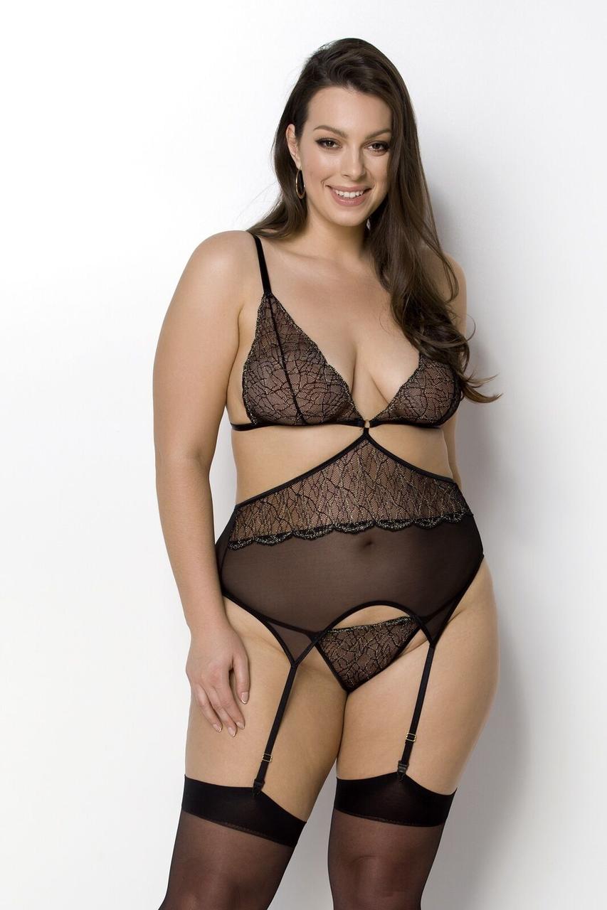 Корсет з пажами Passion Amberly Corset 6XL/7XL black, асиметричний крій, мережива, стринги, фото 1
