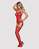 Бодистокінг Obsessive Bodystocking F214 red S/M/L, імітація корсета та панчіх на підв'язках, фото 3