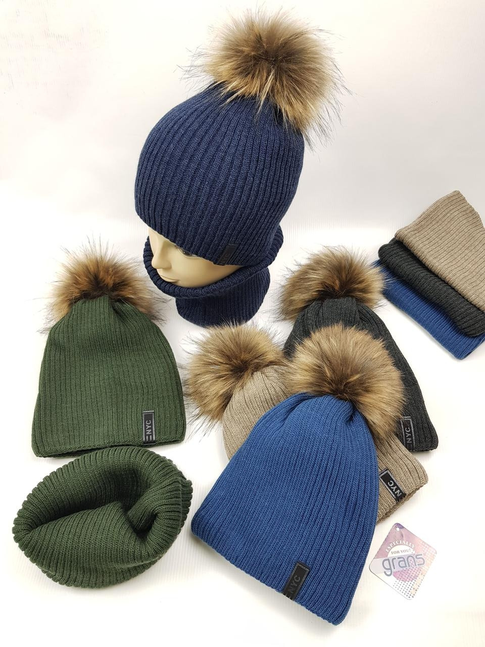 Підліткові в'язані шапки оптом на флісі для хлопців, р.52-54, Grans (Польща), фото 1