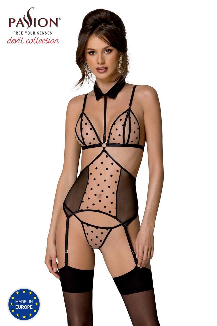 Корсет з відкритими грудьми Passion DOMINICA CORSET L/XL beige, пажі для панчіх, стрінги, фото 1