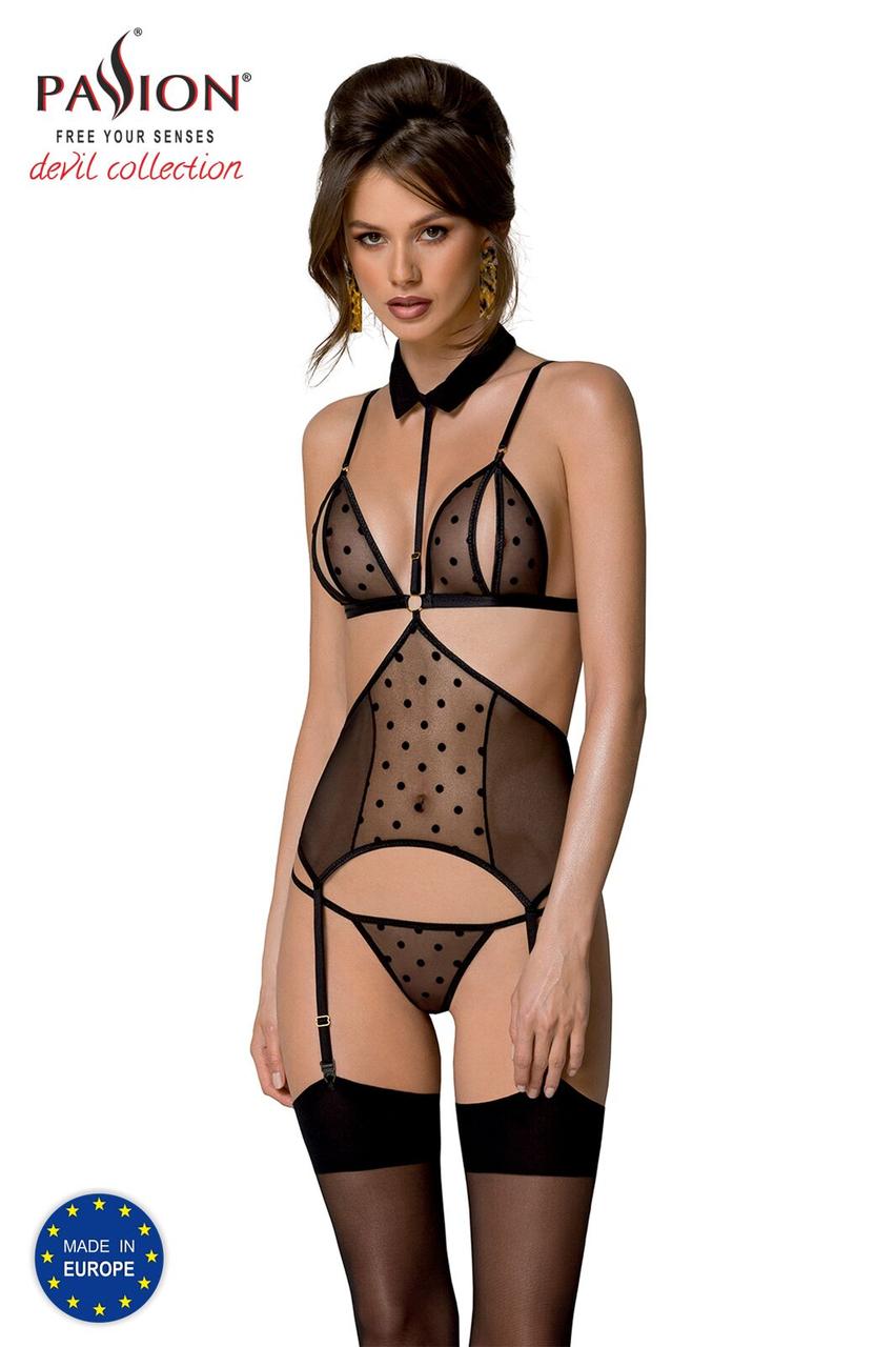 Корсет з відкритими грудьми Passion DOMINICA CORSET L/XL black, пажі для панчіх, стрінги, фото 1