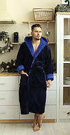 Длинный халат на запах с капюшоном мужской махровый Больших размеров Синий