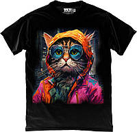 Футболка Кіт в очках, Нічне місто Night City Cat футболка чорна унісекс