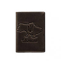 Патриотическая обложка на паспорт кожаная с картой Украины темно-коричневая обложка для паспорта из кожи