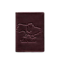 Кожаная обложка на паспорт ручной работы бордовая обложка для паспорта с картой Украины из кожи