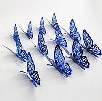 Объемные 3D бабочки для декора синие ажурные (на скотче)