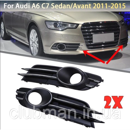 Решітка в бампер AUDI (Ауді) A6 C7 (2011-2014) Чорна матова, хром обідок та ребра, фото 1