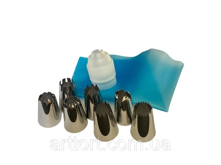 Набір великих кондитерських насадок 7 шт, перехідник і кондитерський мішок, фото 1