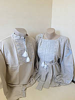 Женская рубашка вышиванка лен бежеваяс поясом Для пары серая вышивка Family Look р.42 - 60