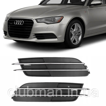 Решітка в бампер AUDI (Ауді) A6 C7 (2011-2014) Чорна матова, хром ребра, фото 1