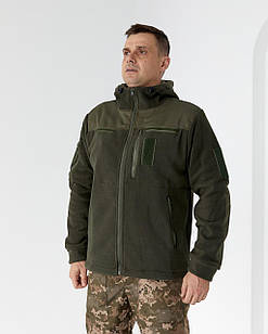 Тактична флісова кофта олива з липучками під шеврони, тепла чоловіча комбінована кофта з капюшоном