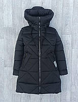 Зимняя куртка пальто для девочки подростка 11-15 лет (140-152) Модная черная удлиненная курточка парка - зима