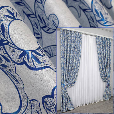 Комплект штор (2шт. 1,5х2,8м.) блекаут-софт, колекція "Дамаск". Колір сірий із синім. Код 766ш (Б) 30-543