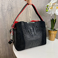Женская стильная черная замшевая офисная деловая женская черная через плечо сумка с длинными ручками Черный с красными вставками