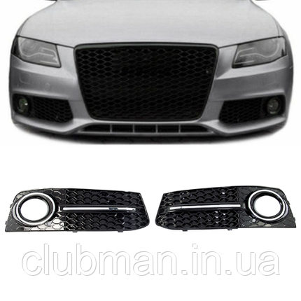 Решітка в бампер AUDI (Ауді) A4 B8 (2007-2011) Чорна глянцева, хром обідок і ребро, стиль RS4, фото 1