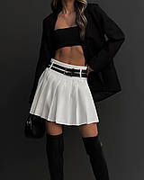 Женская юбка мини "Тенниска", завышенная талия, с ремнями, белая