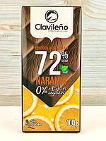 Черный шоколад c апельсином без глютена и сахара Clavileno y naranja 72% cacao, 100гр (Испания)