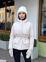 Демисезонная куртка женская теплая приталенная из матовой плащевки на молнии и кнопках с поясом размеры 42-48