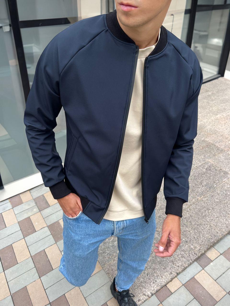 Чоловічий бомбер Soft Shell синій весняний осінній Вітровка без капюшона Софт Шелл, фото 1