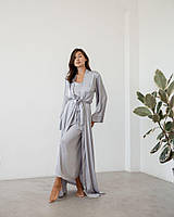 Длинный легкий женский халат кимоно Anetta на запах серого цвета ткань шелк армани шелковый красивый пенюар