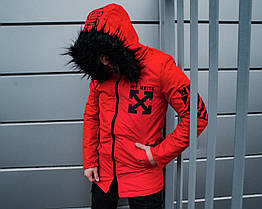 Чоловіча куртка парка червона зі зйомним хутром Off-Whіte розмір М/L приталені всередині тонкий холлофайбер демісезон