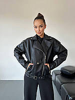 Женская стильная кожаная куртка-косуха, 42-46, 48-52, черный, эко кожи на подкладке.
