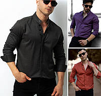 Мужская стильная рубашка приталенная с длинным рукавом и воротником стойка, черная, хаки, фиолетовая, красная