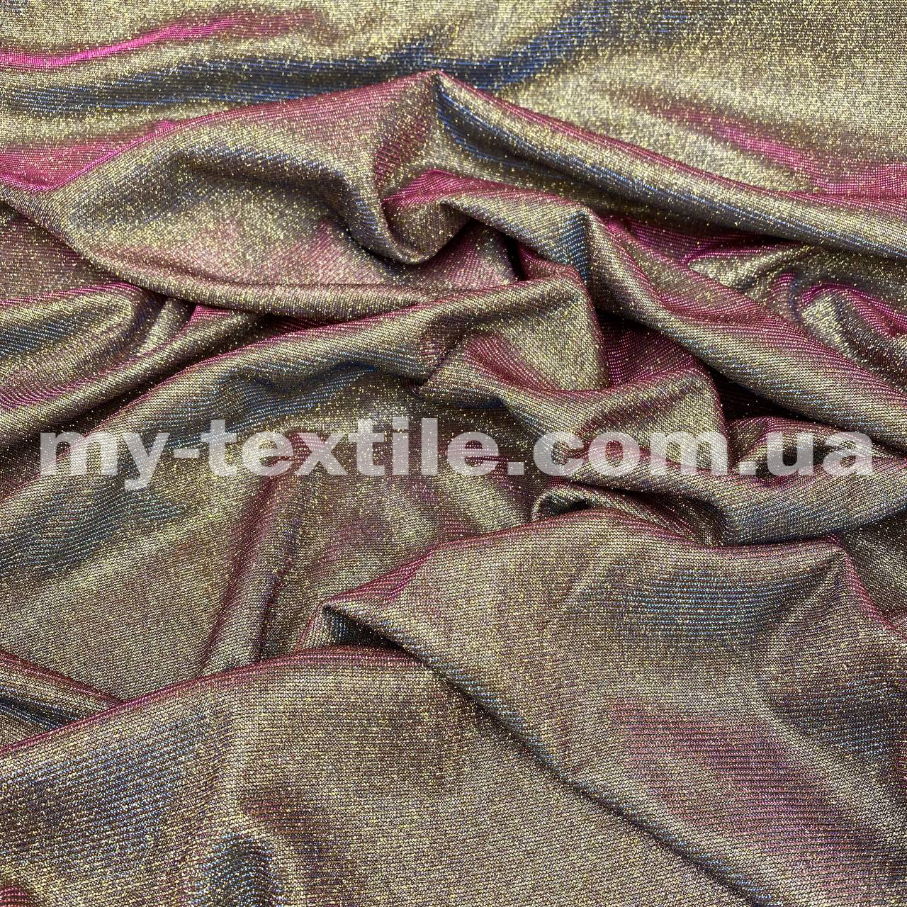 Тканина Люрекс з насипаним глітером Золото-фуксія-смарагд, фото 1