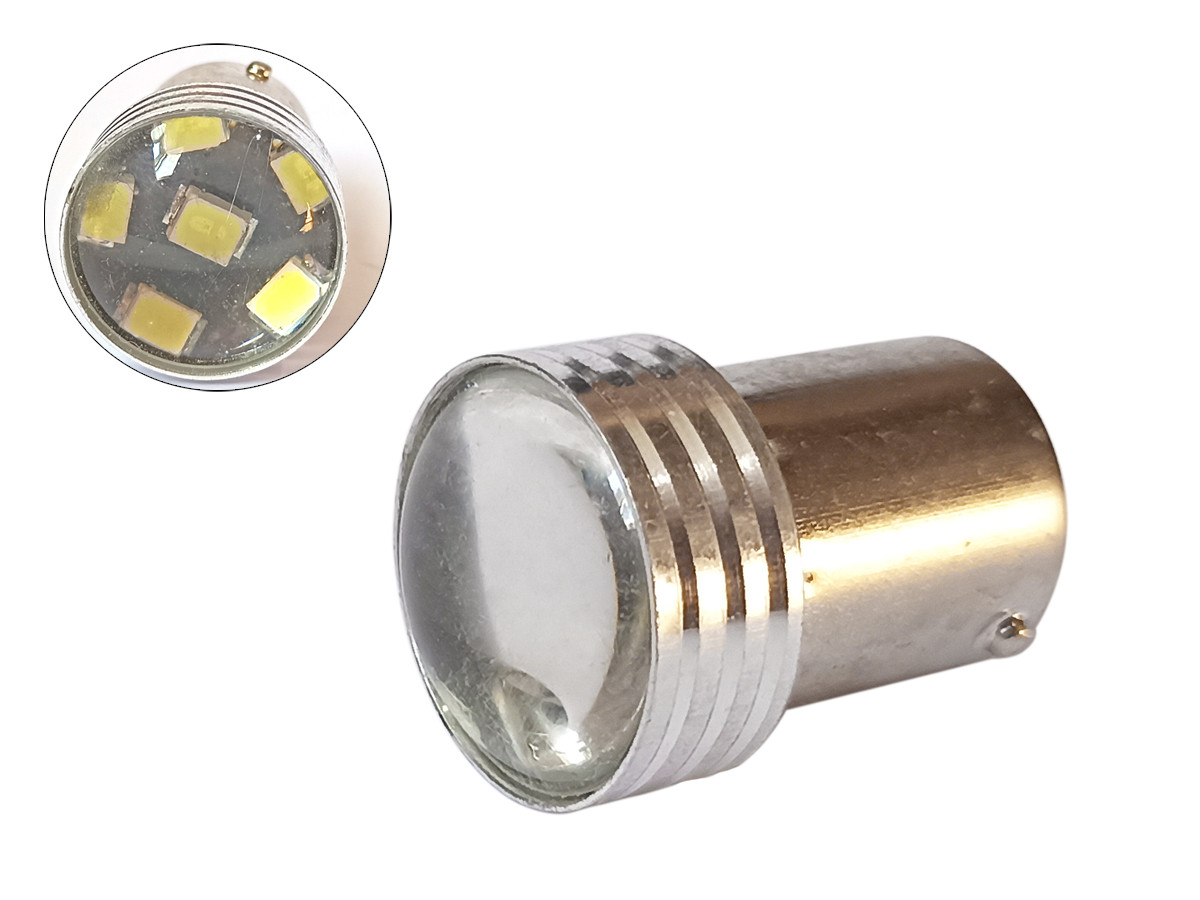 Світлодіодна автомобільна лампа P21W BA15S 12V 6SMD 2835 WHITE прозора лінза 1 контакт, фото 1