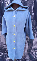 Женское тёплое пальто-кардиган из шерсти альпака на кнопках с капюшоном T235с Синий