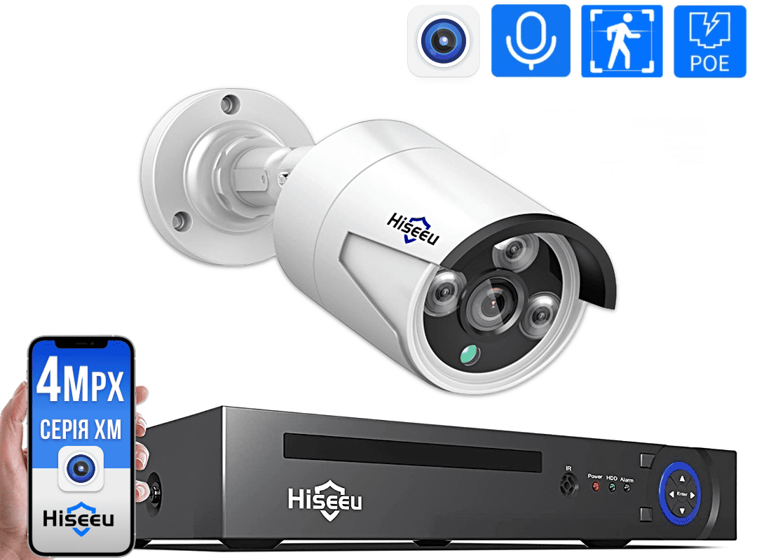 Комплект видеонаблюдения на 1 IP камеру Hiseeu POE 4Мп - фото 1 - id-p1831681852