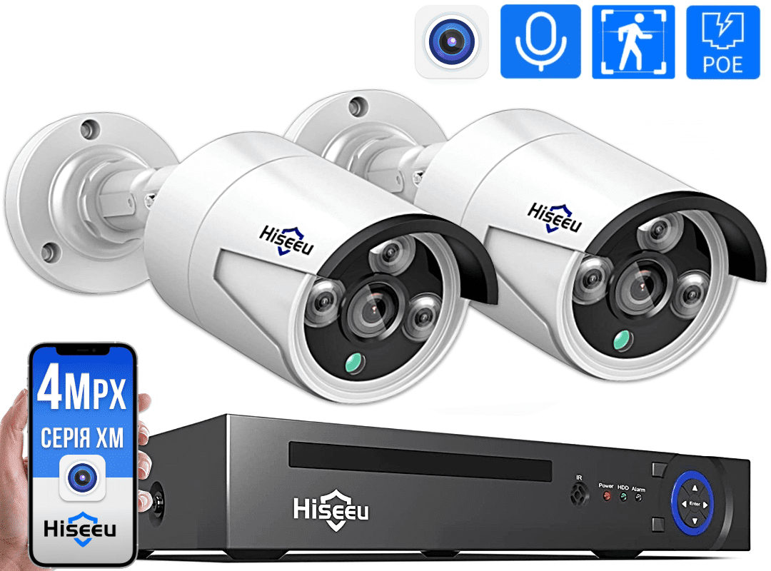 Комплект видеонаблюдения на 2 IP камеры Hiseeu POE 4Мп - фото 1 - id-p1831685538