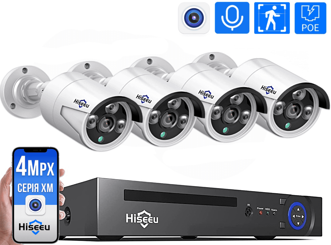 Hiseeu Комплект видеонаблюдения на 4 IP камеры POE 4Мп - фото 1 - id-p1831690746