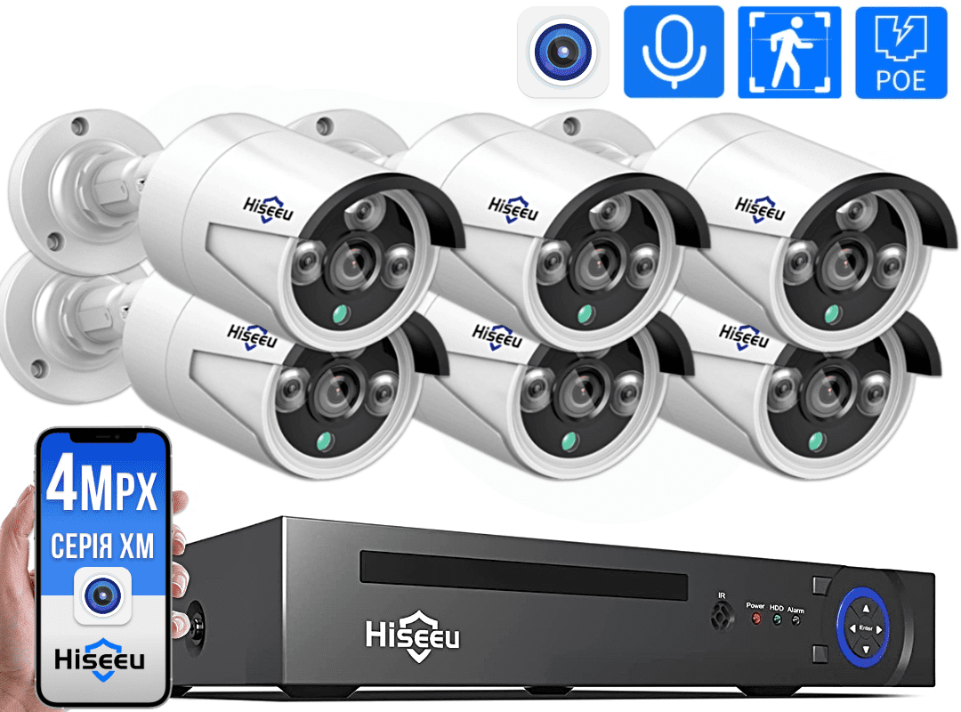 4Мп POE Комплект видеонаблюдения на 6 IP камер Hiseeu - фото 1 - id-p1831694097