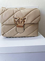 Женская кожаная сумка Pinko puff beige (бежевая) 1307 модная стильная красивая с птичками для девушки vkross