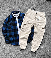 Мужская рубашка в клетку байковая (синяя) r165 классная стильная модная и теплая премиум качество для парней.