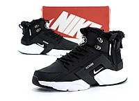 Мужские зимние кроссовки Nike (чёрные с белым) высокие тёплые кроссы на меху К11660 cross