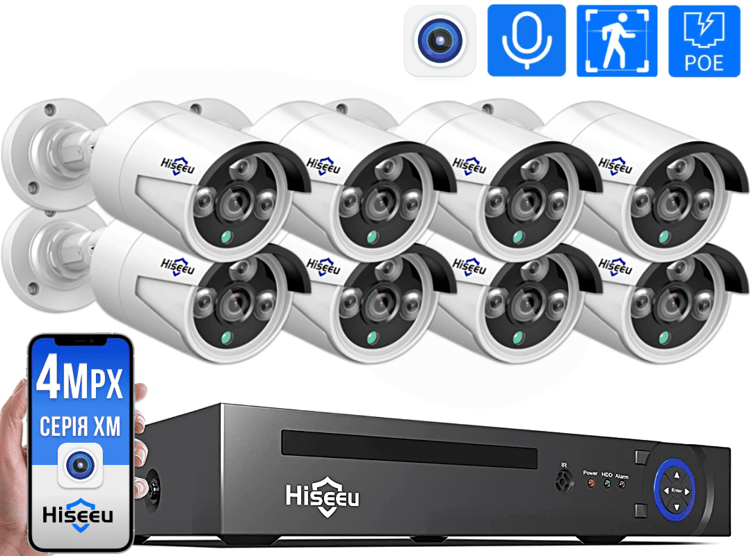Комплект видеонаблюдения 8 IP камер Hiseeu POE 4Мп - фото 1 - id-p1831698176