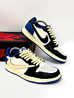 Мужские кроссовки Nike Air Jordan 1 Low x Travis Scott Cactus Jack (синие с белым/чёрным/бежевым) 5029-7