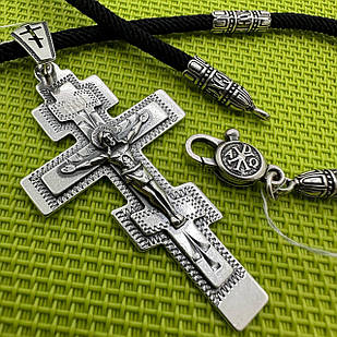 Красивий восьмикінцевий хрест та чорний шовковий шнурок зі вставками із срібла 925 проба