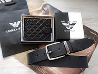 Чоловічий чорний шкіряний подарунковий набір Armani ремінь та гаманець / Мужской кожаный подарочный набор