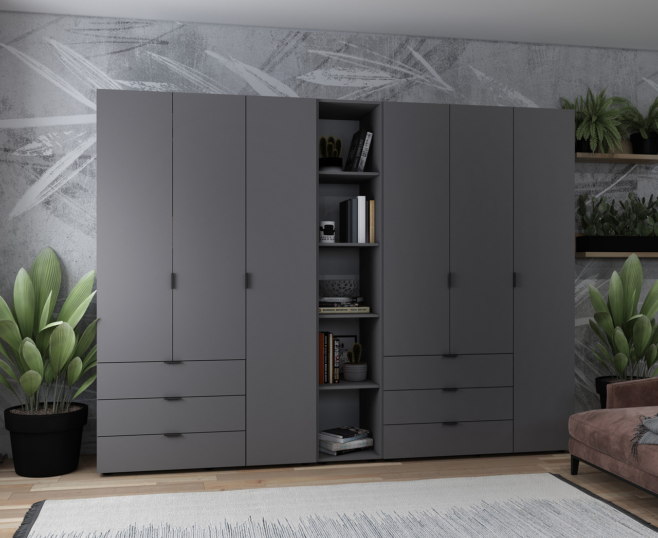 Комплект шафа розпашна Doros Гелар з етажеркою Графіт  3+3 ДСП 270.6х49.5х203.4  Шафа для одягу, фото 1