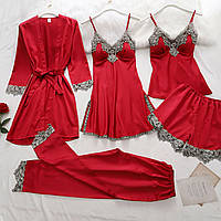 Женский атласный красный комплект Ravissant - халат с пеньюаром и пижамой
