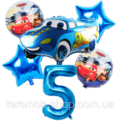 Фольговані кулі Тачки з блакитною цифрою 5, повітряні кулі набір Тачка Маквін 6 шт