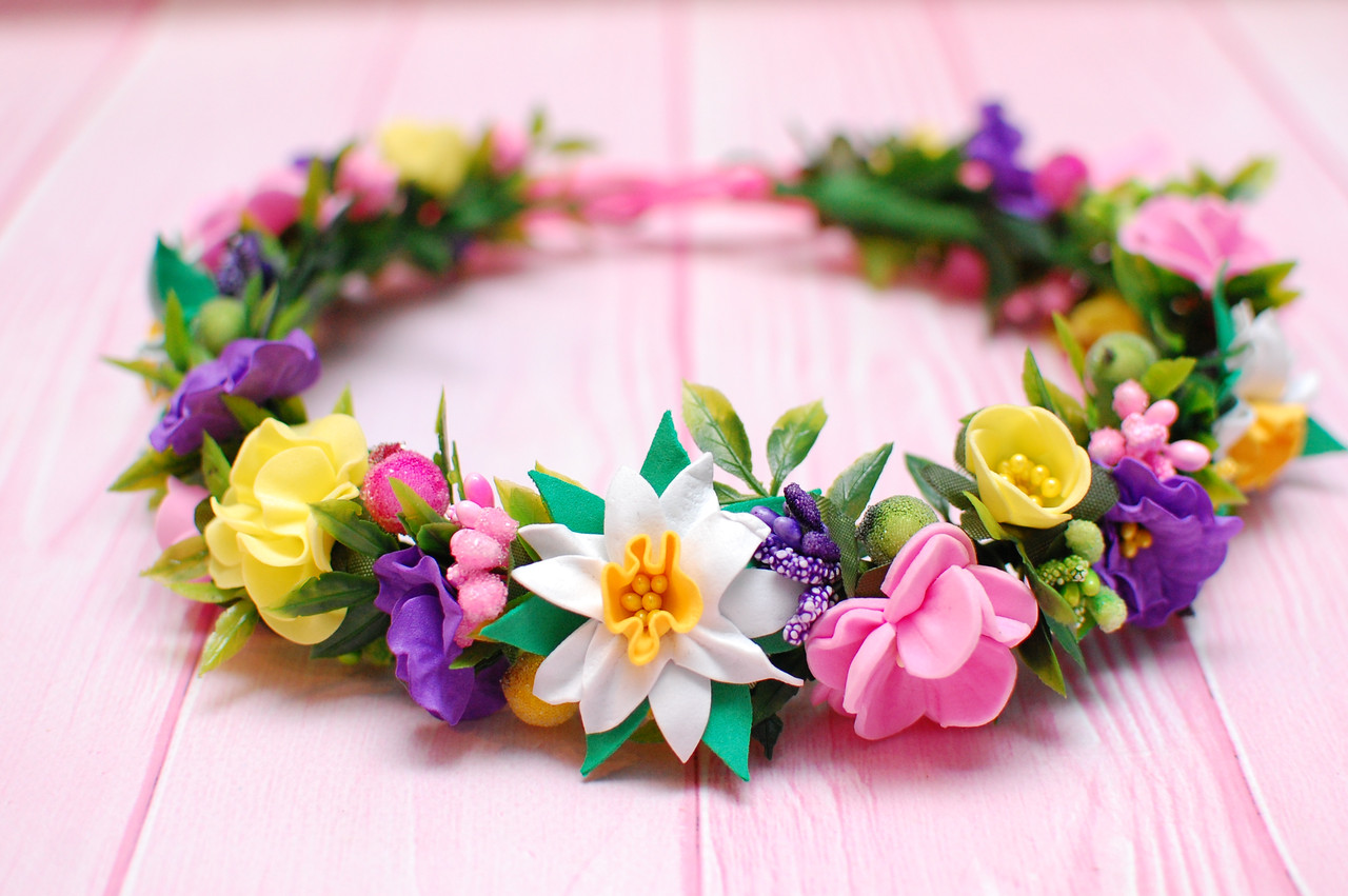 Вінок для волосся / віночок на голову з квітами жовто-рожево-фіолетовий 385, фото 1