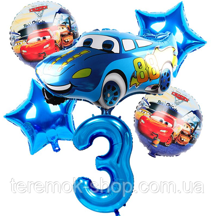 Фольговані кулі Тачки з блакитною цифрою 3, повітряні кулі набір Тачка Маквін 6 шт