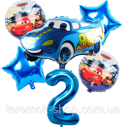 Набір куль Тачки з блакитною цифрою 2, фольговані кулі Тачка Маквін 6 шт